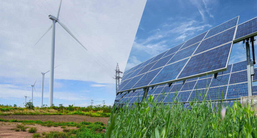 Solar power and clean energy depicted through image of solar panels and wind turbines